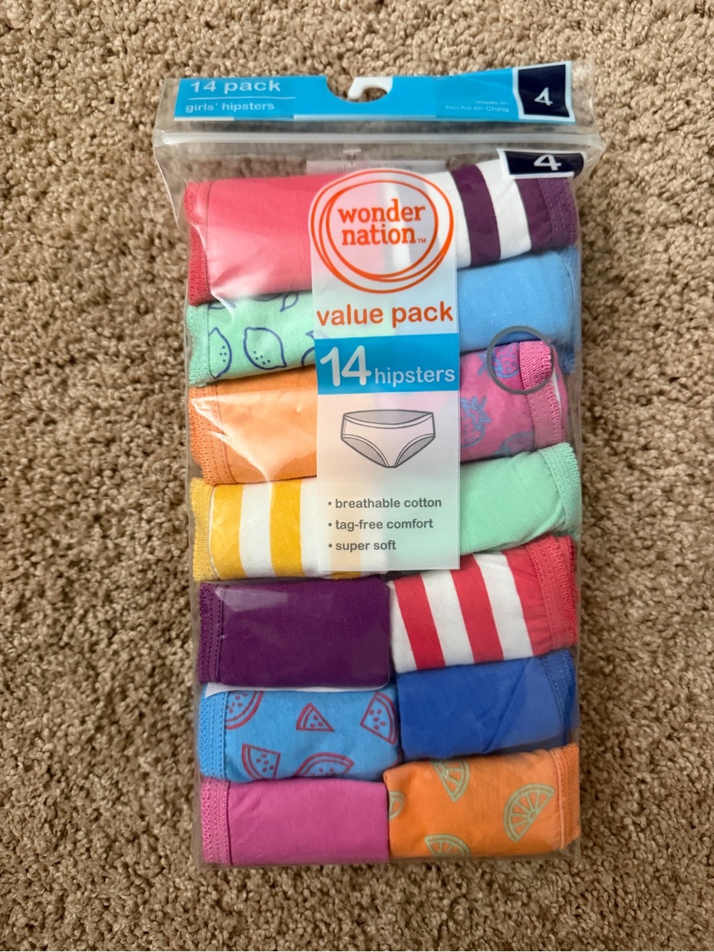 Wonder Nation Girls' Hipster Underwear Value Pack (14-Pack, Size 4)
